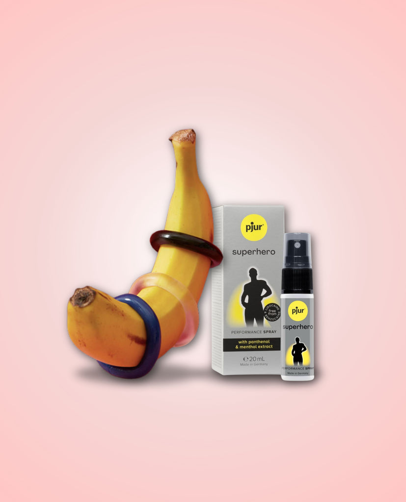 jelly cock rings on a banana and pjur performance spray