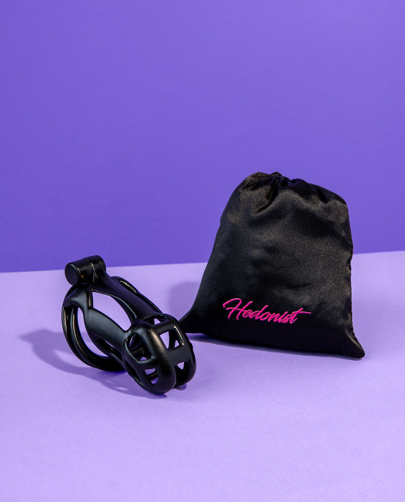 classic axel chastity cock cage with black satin hedonist pouch